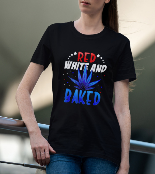 Red White And Baked Weed Leaf With Stars And Dots T-Shirt