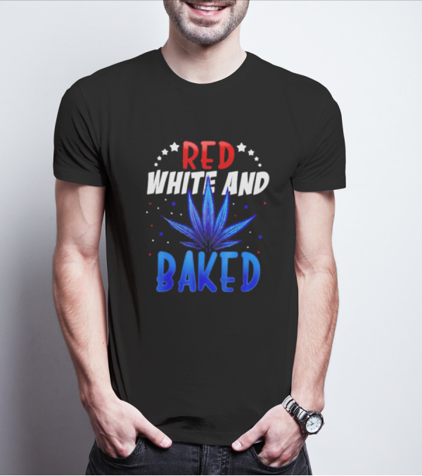 Red White And Baked Weed Leaf With Stars And Dots T-Shirt