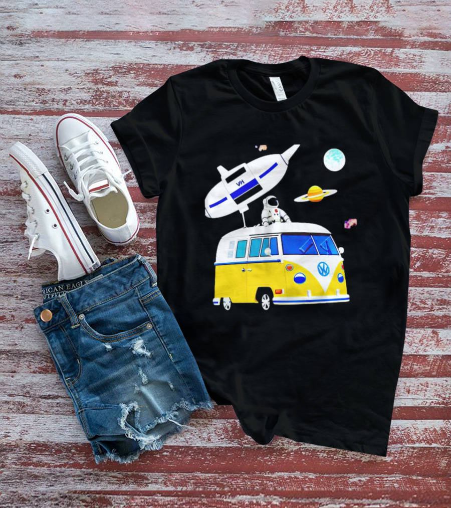 Astronaut Riding Yellow Volkswagen Bus With Rocket And Saturn Planet Background T-Shirt