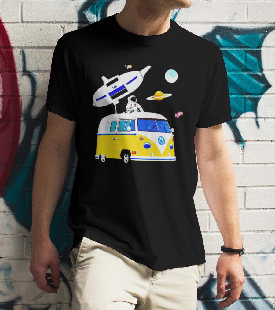 Astronaut Riding Yellow Volkswagen Bus With Rocket And Saturn Planet Background T-Shirt