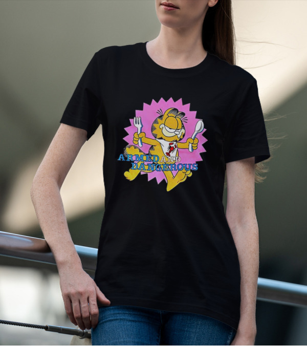 Armed And Dangerous Garfield With Fork And Spoon On Pink Starbursts T-Shirt