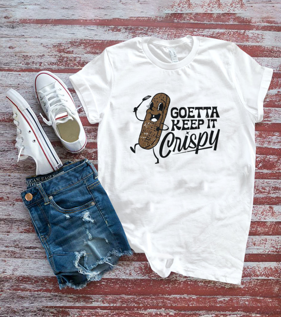 Goetta Keep It Crispy Smiling Fried Stick Character With Fork Enthusiastically Walking T-Shirt