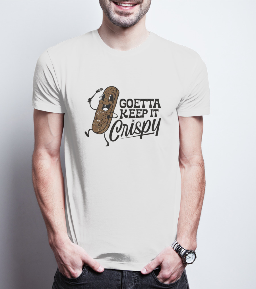 Goetta Keep It Crispy Smiling Fried Stick Character With Fork Enthusiastically Walking T-Shirt
