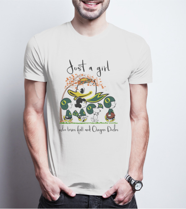 Just A Girl Who Loves Fall And Oregon Ducks Peanuts Characters T-Shirt