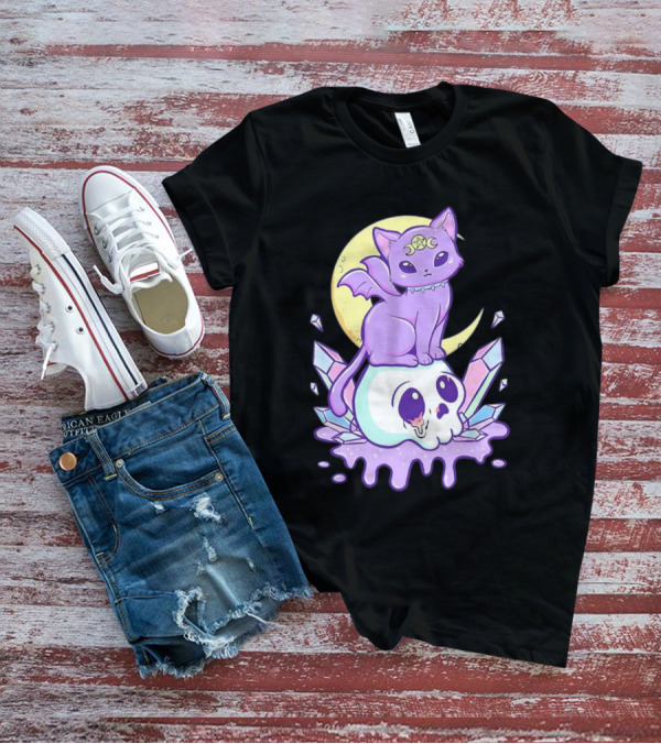 Witchy Cat With Moon And Skull Crystals T-Shirt