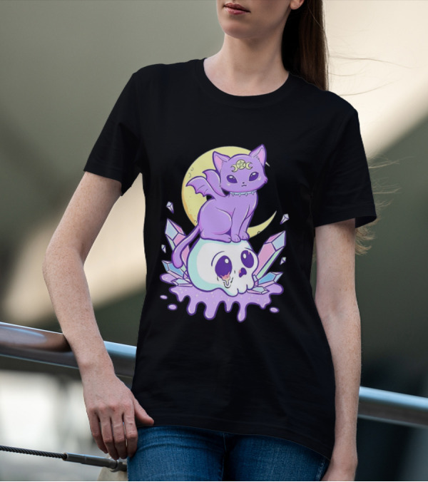 Witchy Cat With Moon And Skull Crystals T-Shirt