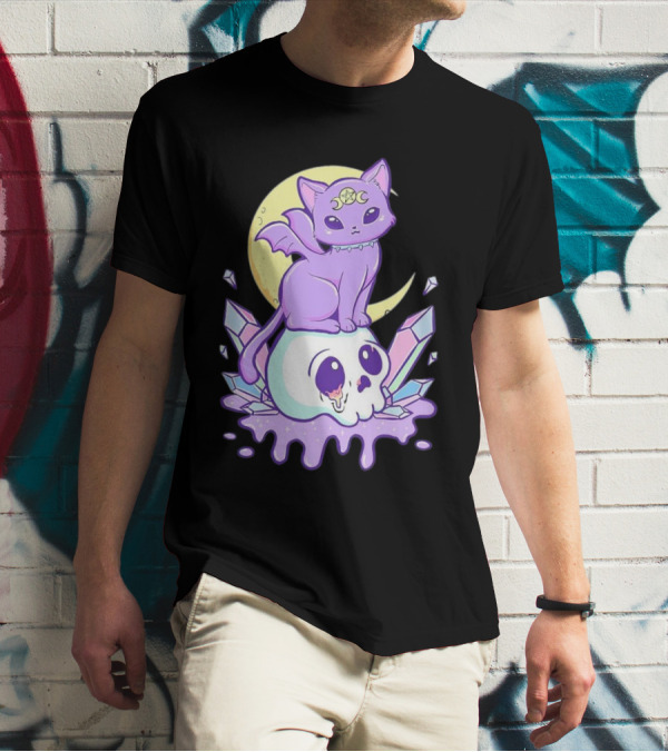 Witchy Cat With Moon And Skull Crystals T-Shirt
