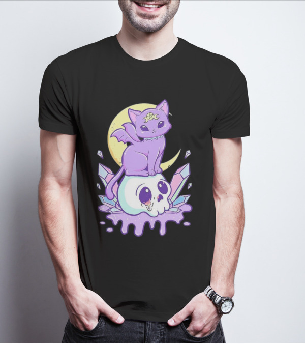 Witchy Cat With Moon And Skull Crystals T-Shirt
