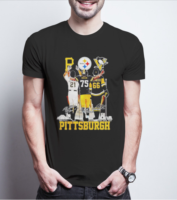 Pittsburgh Steelers Penguins Pirates Clemente Greene Lemieux Signatures T-Shirt