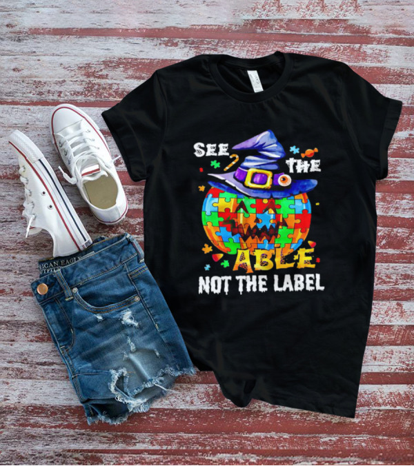 See The Able Not The Label Pumpkin Autism Puzzle Witch Hat T-Shirt