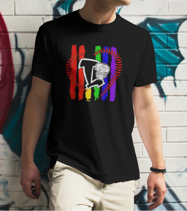 Lansing Lugnuts Pride Logo With Rainbow Stripes And Baseball Seam T-Shirt