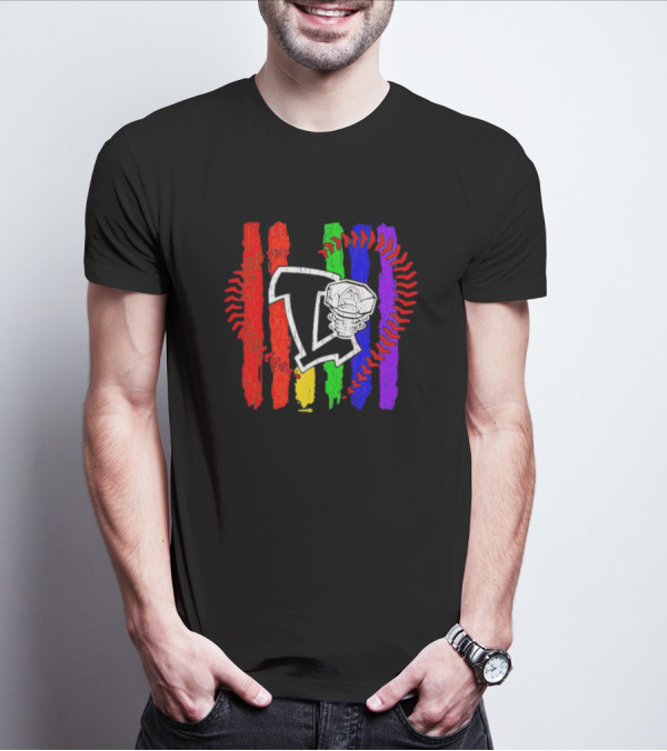 Lansing Lugnuts Pride Logo With Rainbow Stripes And Baseball Seam T-Shirt