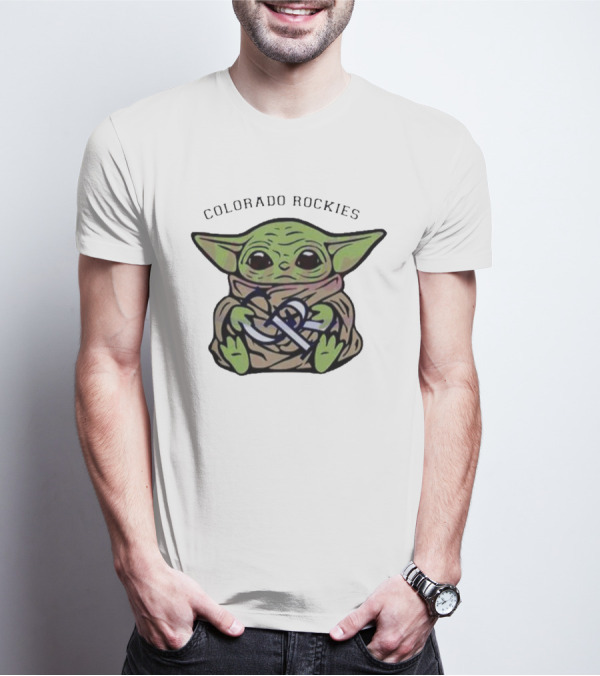 Baby Yoda Hugging Colorado Rockies T-Shirt