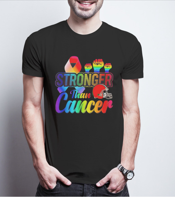 Cleveland Browns Stronger Than Cancer Rainbow Ribbon And Helmet T-Shirt
