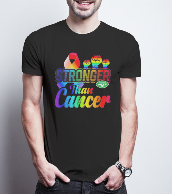 New York Jets Stronger Than Cancer Rainbow Ribbon And Fists T-Shirt