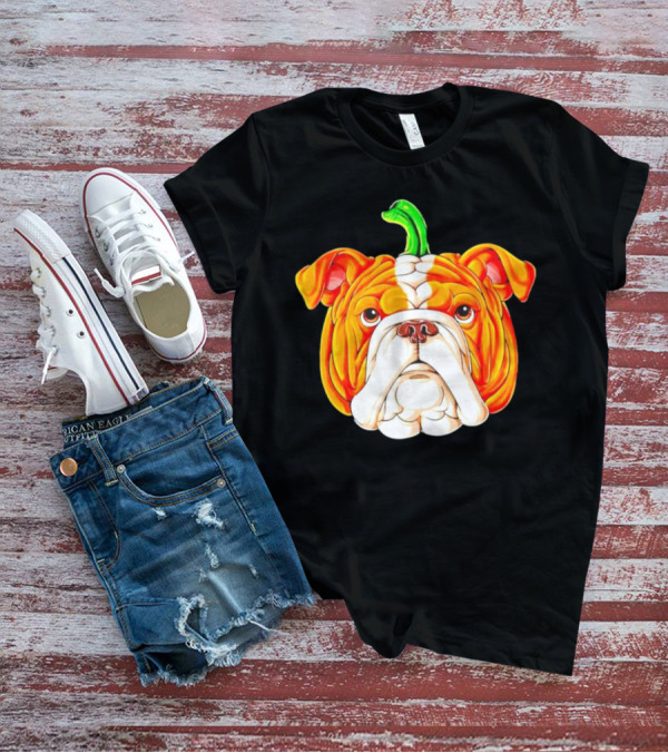 Bulldog Pumpkin Halloween Face With Green Stem T-Shirt