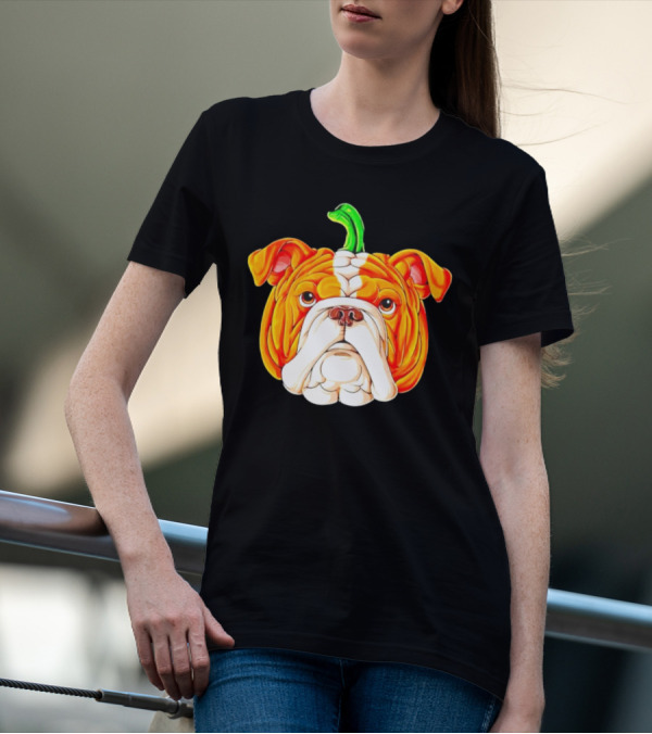 Bulldog Pumpkin Halloween Face With Green Stem T-Shirt