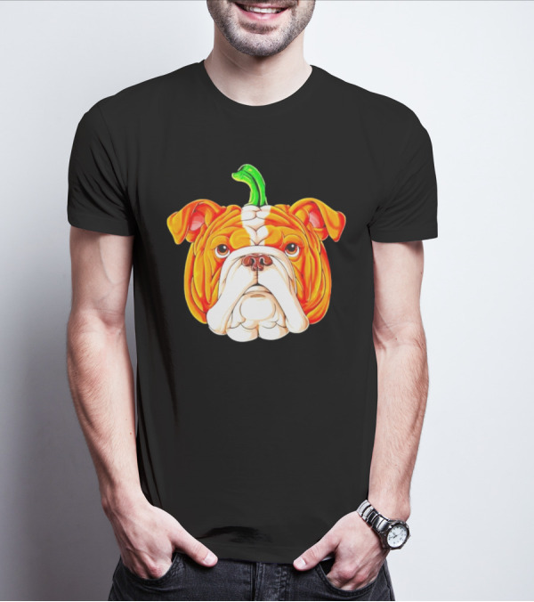Bulldog Pumpkin Halloween Face With Green Stem T-Shirt