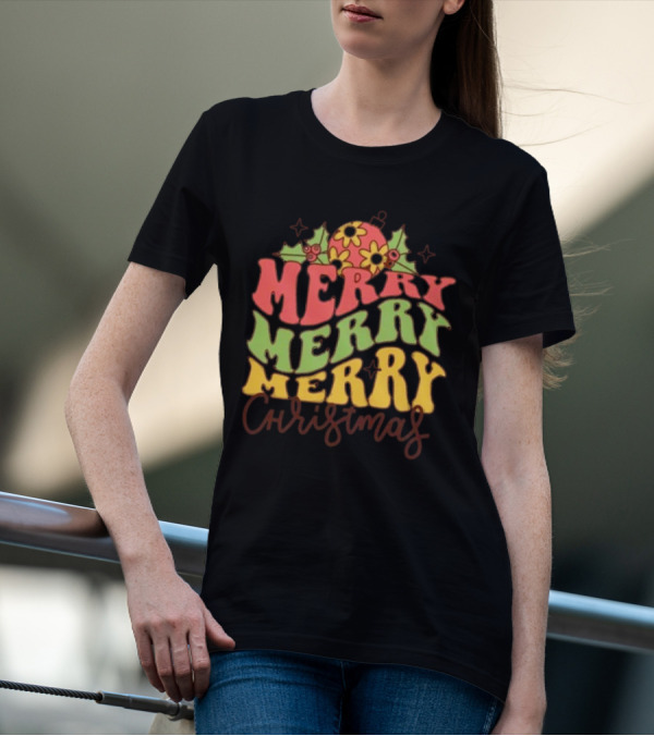 Merry Merry Merry Christmas Retro Flowers And Holly T-Shirt