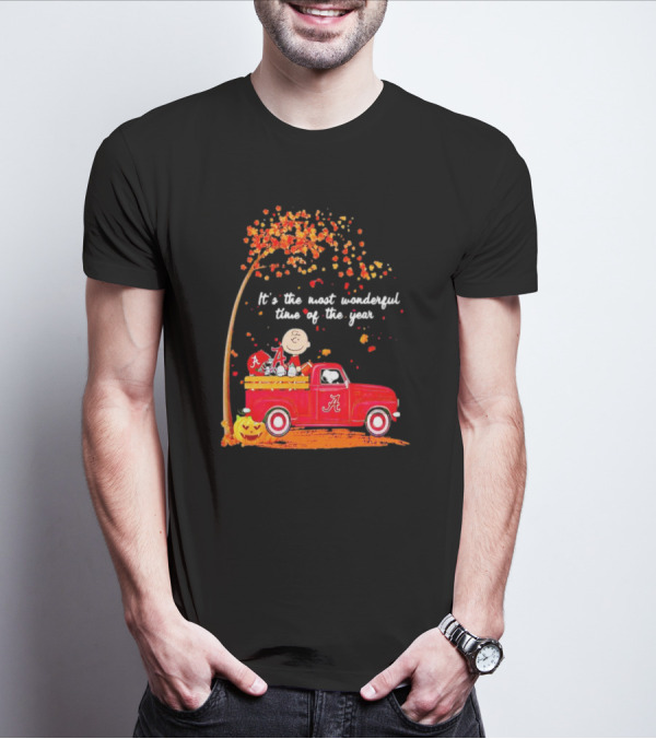 Peanuts Characters Alabama Crimson Tide Fall It's The Most Wonderful Time Of The Year Truck Football Pumpkins Leaves T-Shirt
