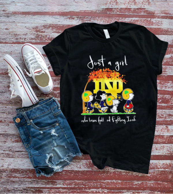 Just A Girl Who Loves Fall ND Fighting Irish Peanuts Characters T-Shirt