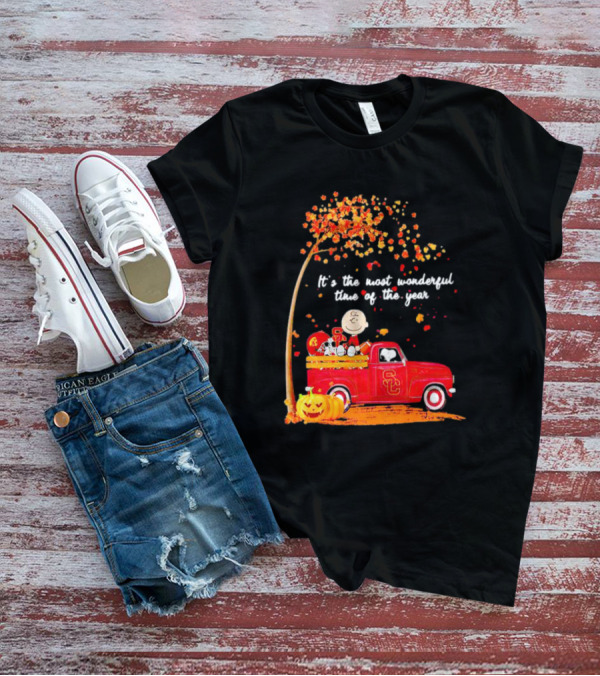 Peanuts Characters USC Trojans Fall It's The Most Wonderful Time Of The Year Football Truck Pumpkin Charlie Brown T-Shirt