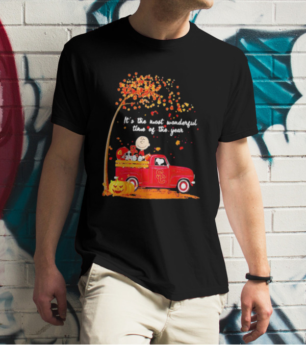 Peanuts Characters USC Trojans Fall It's The Most Wonderful Time Of The Year Football Truck Pumpkin Charlie Brown T-Shirt