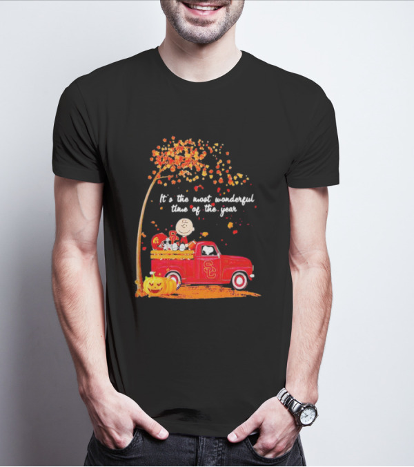 Peanuts Characters USC Trojans Fall It's The Most Wonderful Time Of The Year Football Truck Pumpkin Charlie Brown T-Shirt