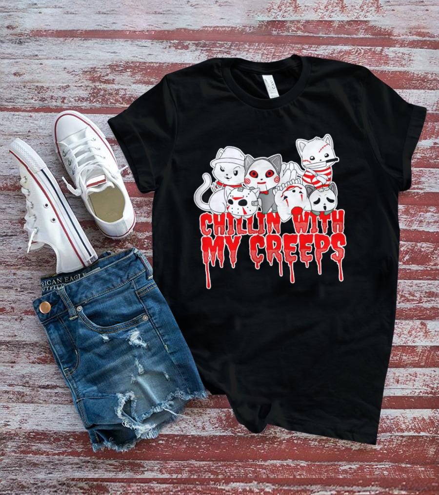 Chillin With My Creeps Cat Horror Icons T-Shirt