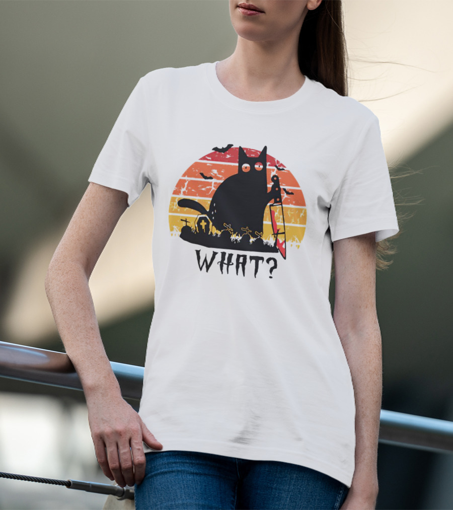 Cat With Sword And Graves Sunset Halloween T-Shirt