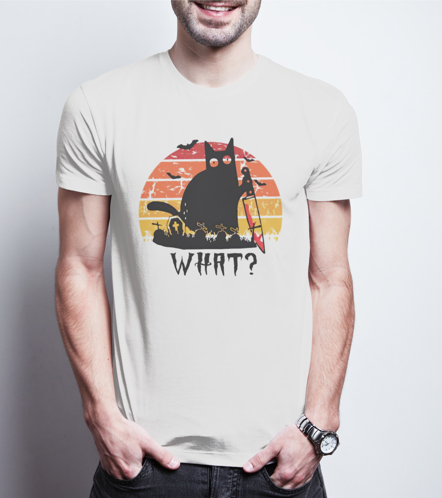 Cat With Sword And Graves Sunset Halloween T-Shirt
