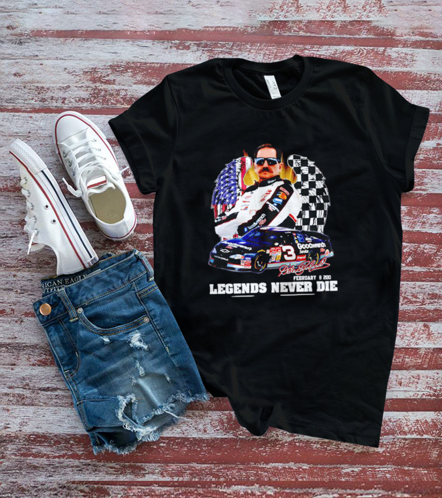 Dale Earnhardt Legends Never Die February 18 2001 Racing Icon American Flag Checkered Flag T-Shirt