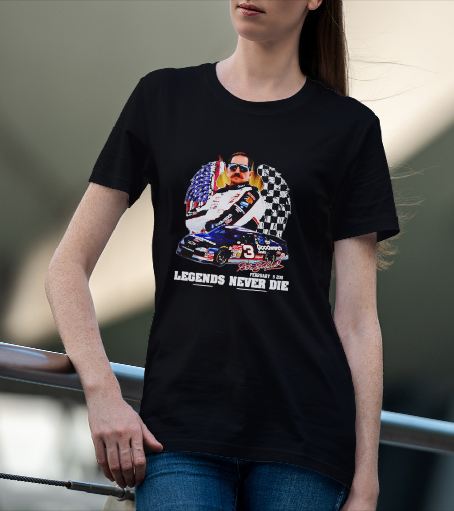 Dale Earnhardt Legends Never Die February 18 2001 Racing Icon American Flag Checkered Flag T-Shirt