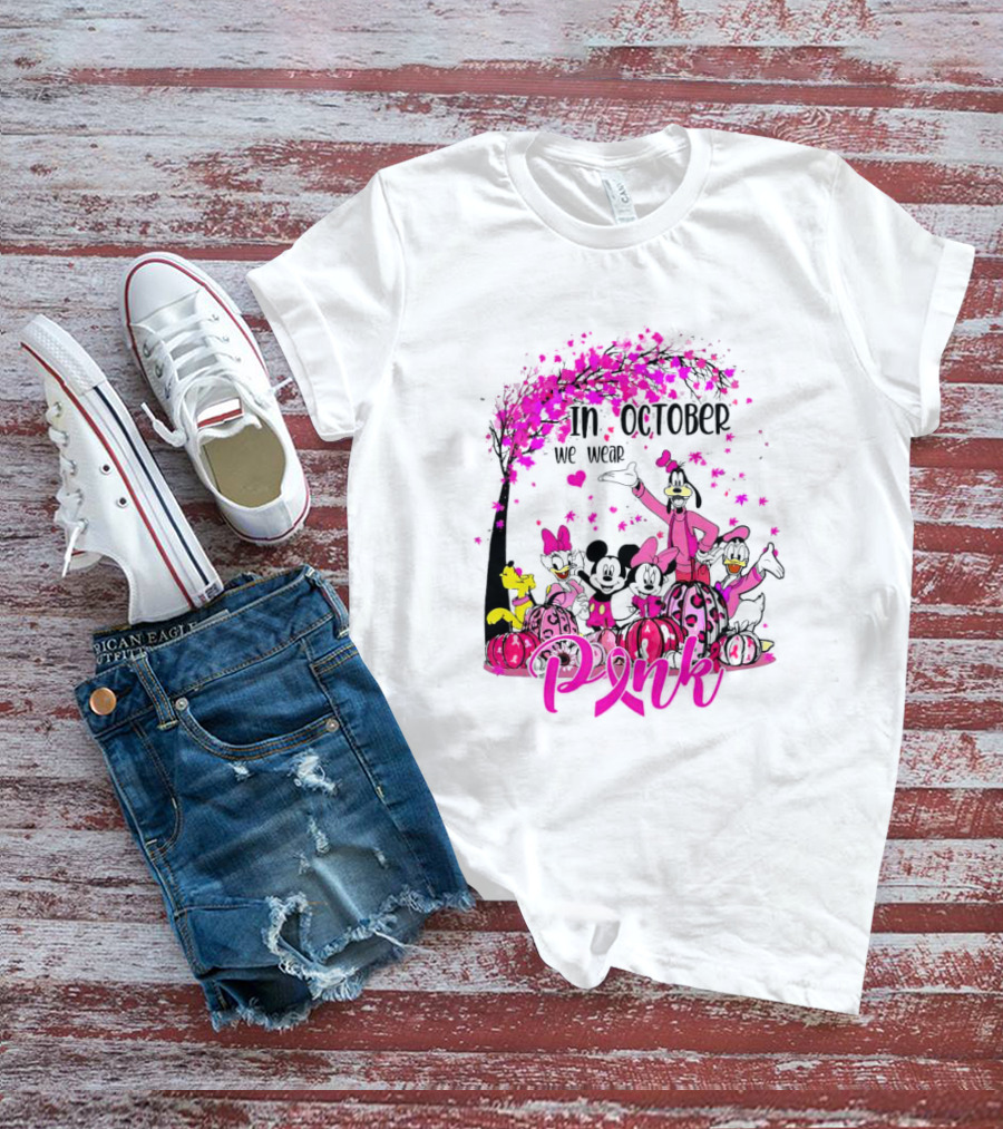In October We Wear Pink Disney Characters Breast Cancer Awareness T-Shirt