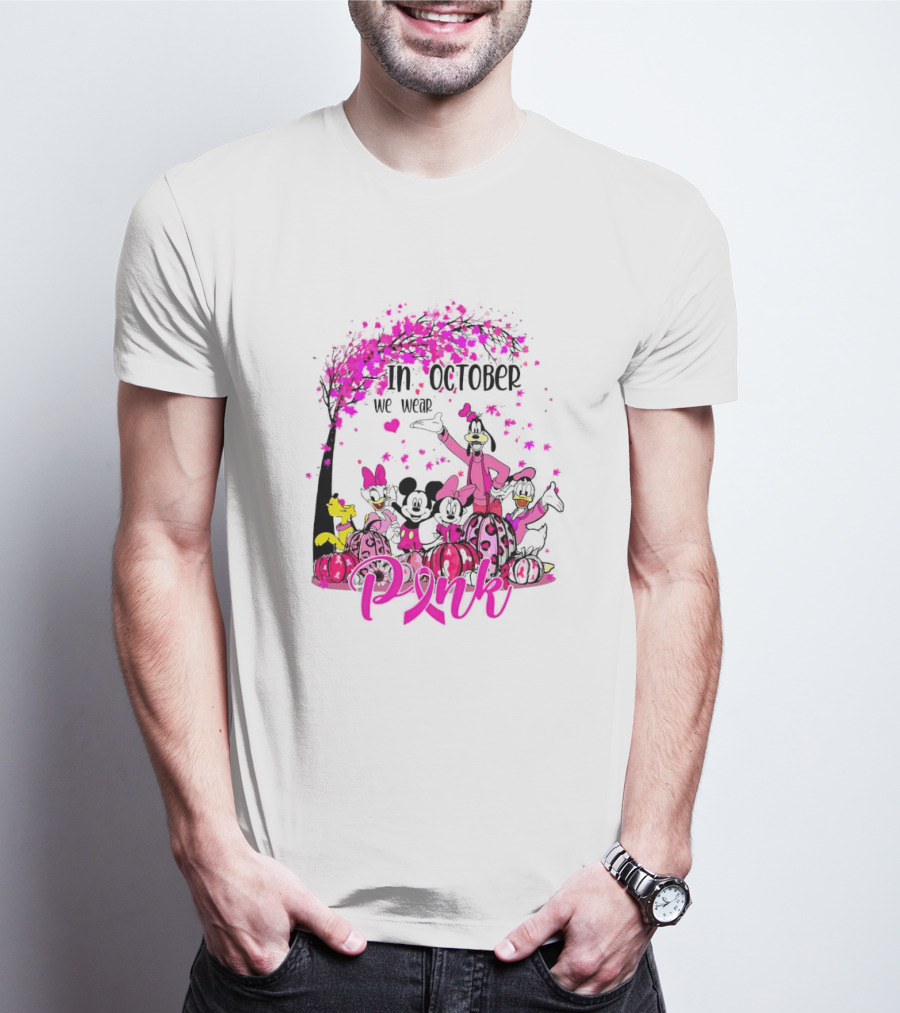 In October We Wear Pink Disney Characters Breast Cancer Awareness T-Shirt