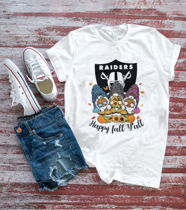 Raiders Gnomes With Sunflowers And Pumpkins Happy Fall Y'all T-Shirt