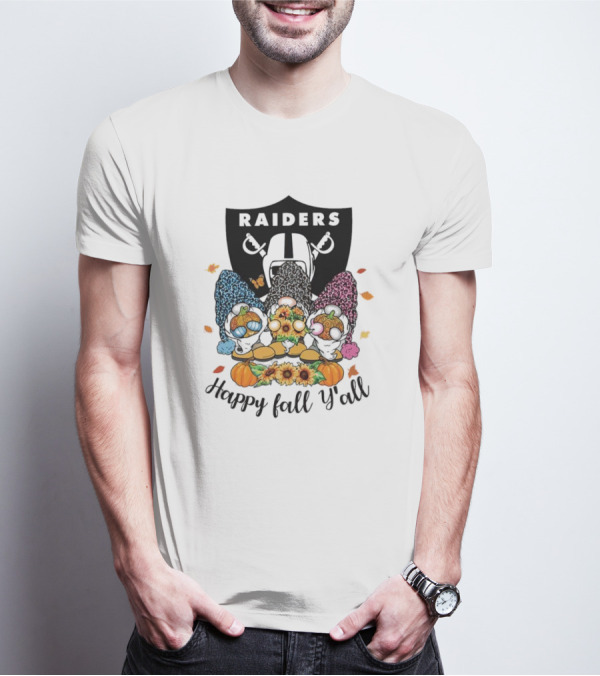 Raiders Gnomes With Sunflowers And Pumpkins Happy Fall Y'all T-Shirt