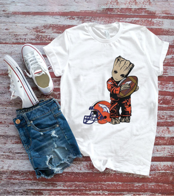 Groot Hugging Denver Broncos Football And Helmet T-Shirt