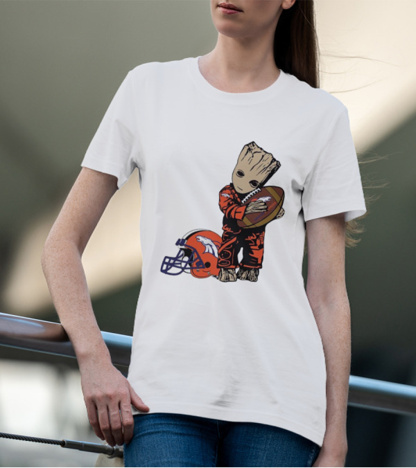 Groot Hugging Denver Broncos Football And Helmet T-Shirt