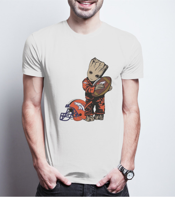 Groot Hugging Denver Broncos Football And Helmet T-Shirt