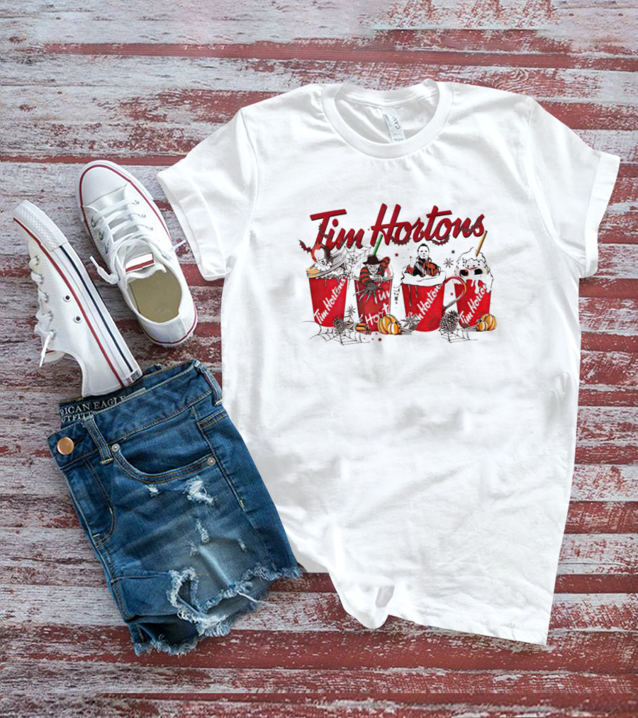 Horror Halloween Tim Hortons Cups With Spooky Figures And Pumpkins T-Shirt