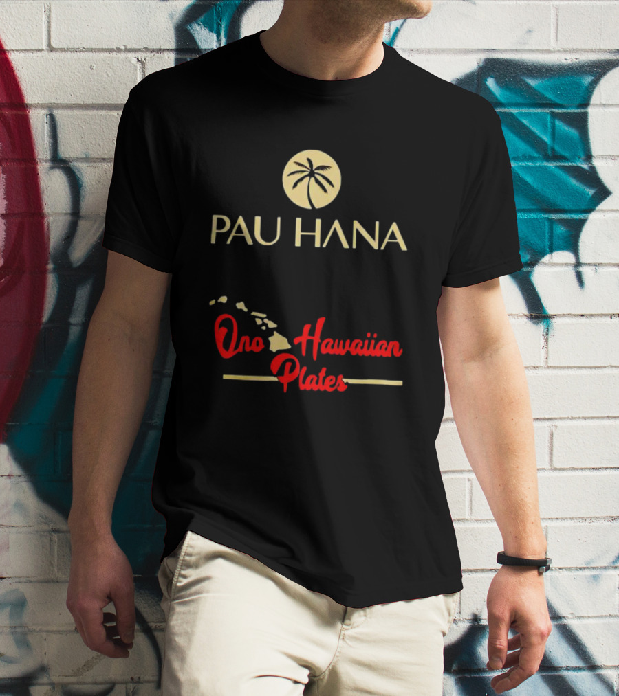Pau Hana Palm Logo Ono Hawaiian Plates Map T-Shirt
