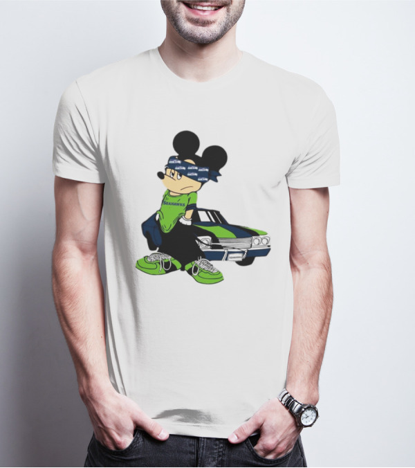 Seattle Seahawks Mickey Mouse Gangster Car Football Fan T-Shirt