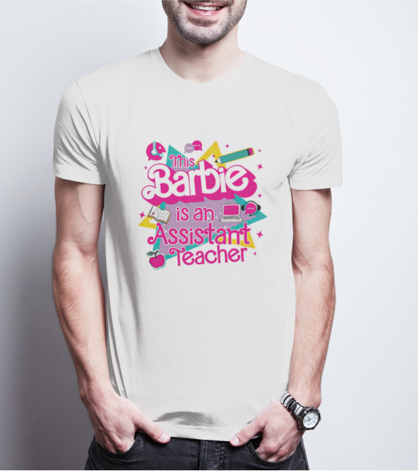 This Barbie Is An Assistant Teacher With Headphones Pencil Book Laptop Apple T-Shirt