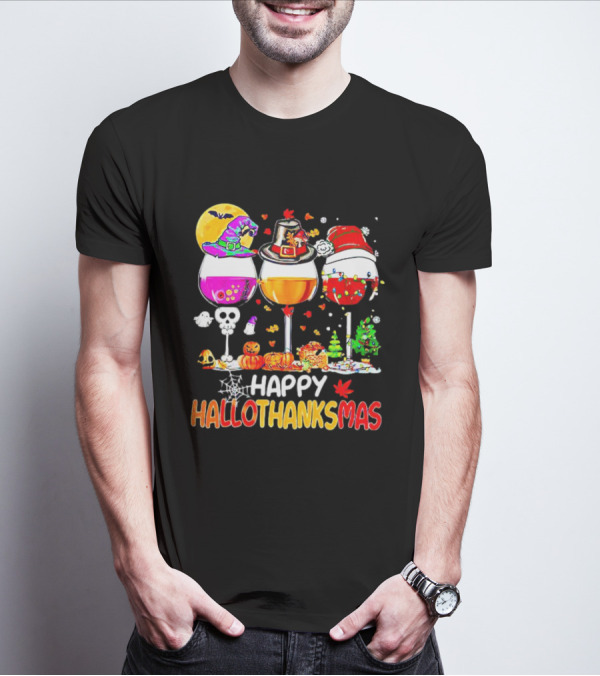 Happy Hallothanksmas Wine Halloween Thanksgiving Christmas T-Shirt