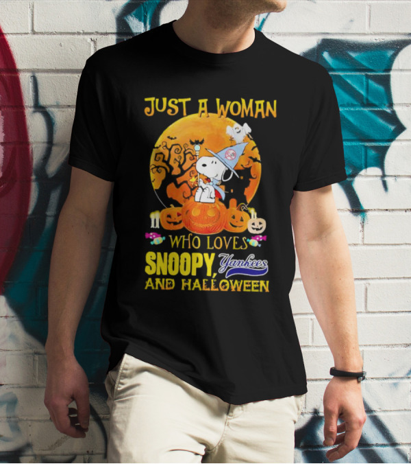 Just A Woman Who Loves Snoopy Yankees And Halloween T-Shirt