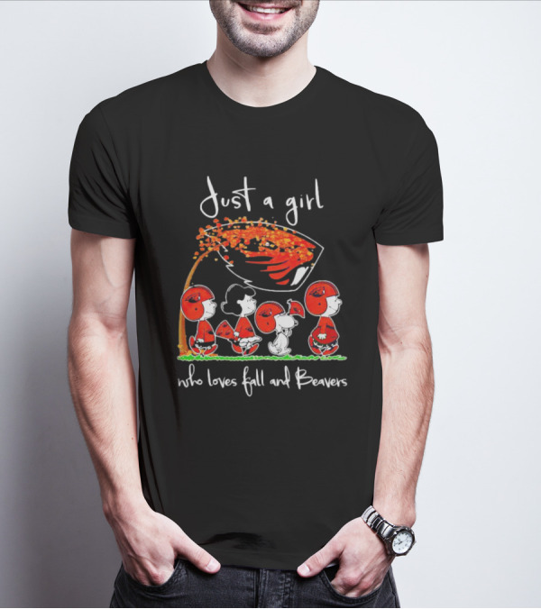 Just A Girl Who Loves Fall And Beavers Peanuts Characters In Football Gear T-Shirt