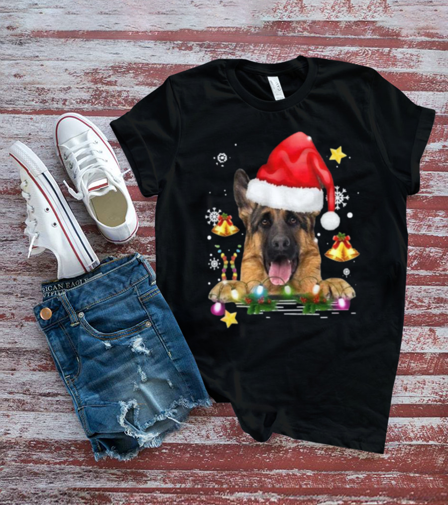 Happy Merry Christmas Lights German Shepherd Dog Festive Santa Hat T-Shirt