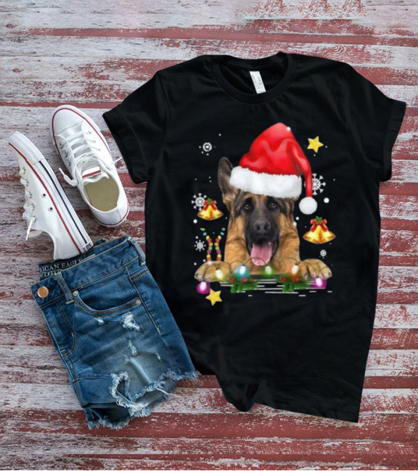 Happy Merry Christmas Lights German Shepherd Dog Festive Santa Hat T-Shirt