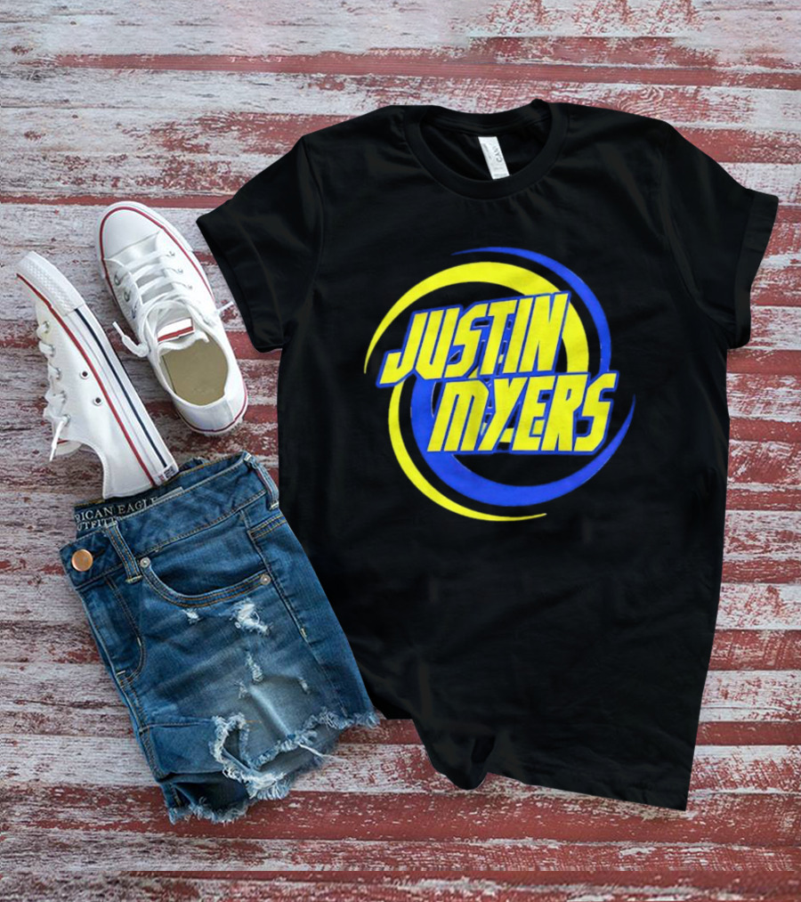 JUSTIN MYERS Blue Yellow Spiral Circle Text T-Shirt